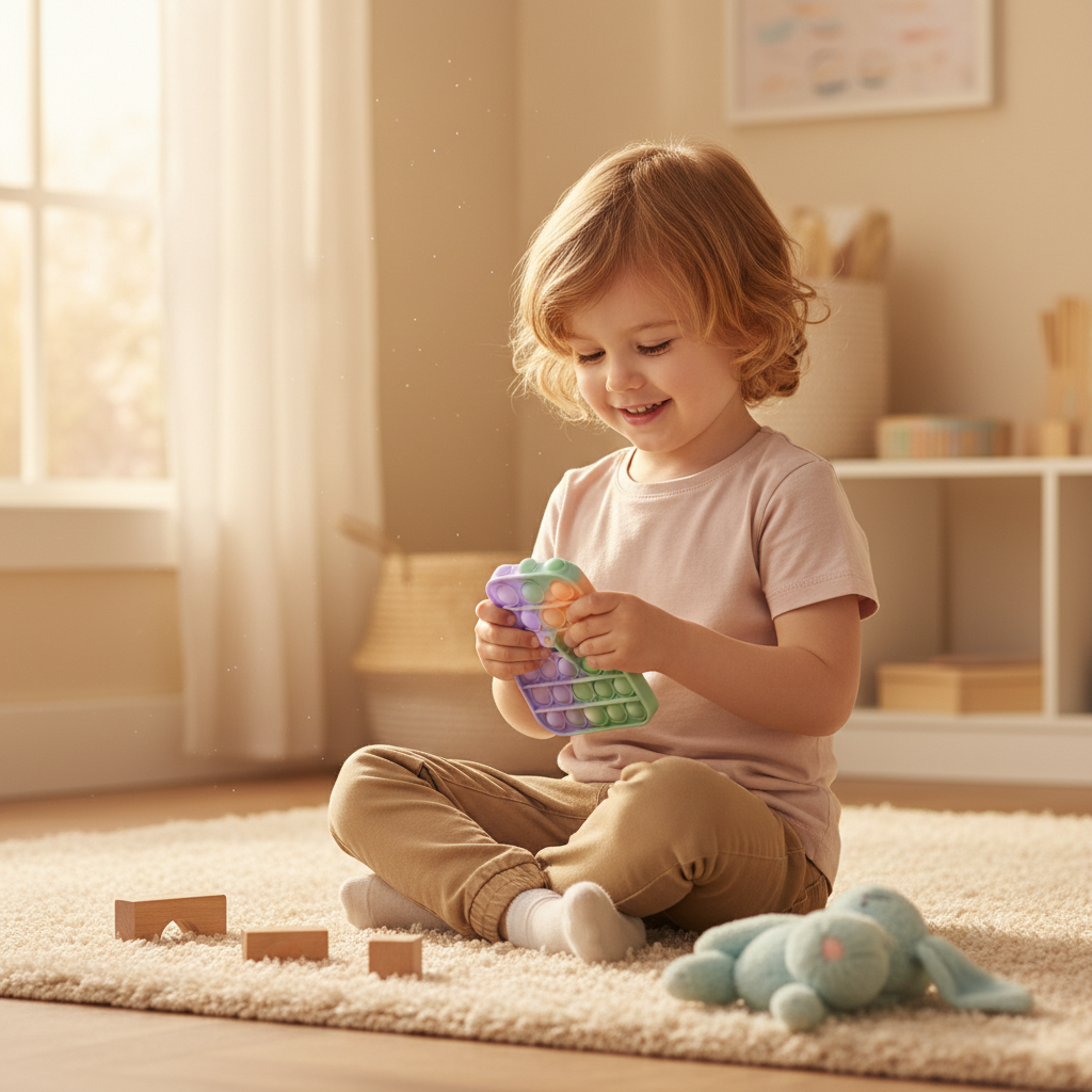 A child playing with a sensory toy in a cozy playroom